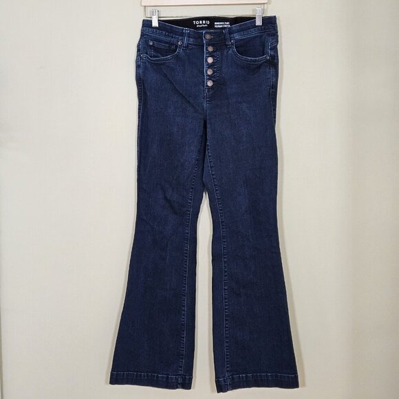Torrid Jeans Women 12 Tall Blue Bombshell Flare Button Fly Stretch Denim Boho - Picture 14 of 15